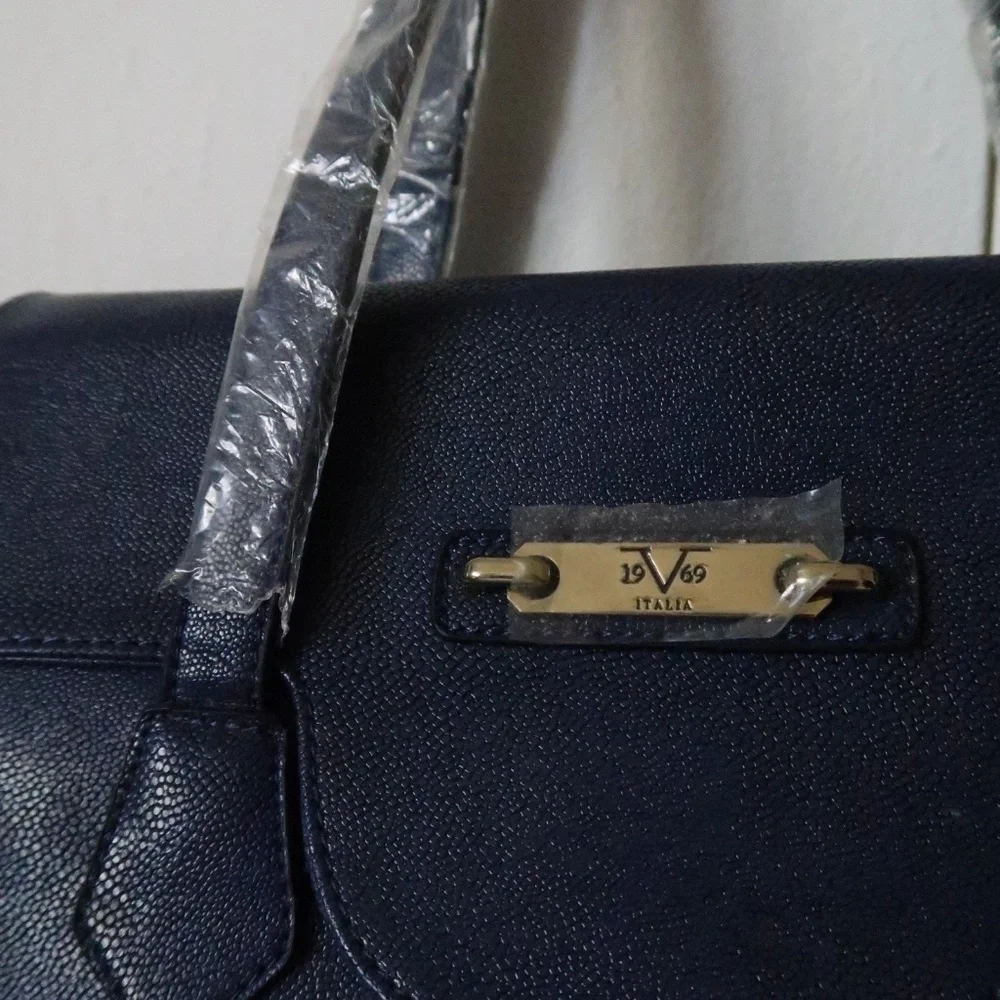 Versace 19v69 Italia Nicoletta Stingray Navy Blue Faux Leather Shoulder Tote Bag